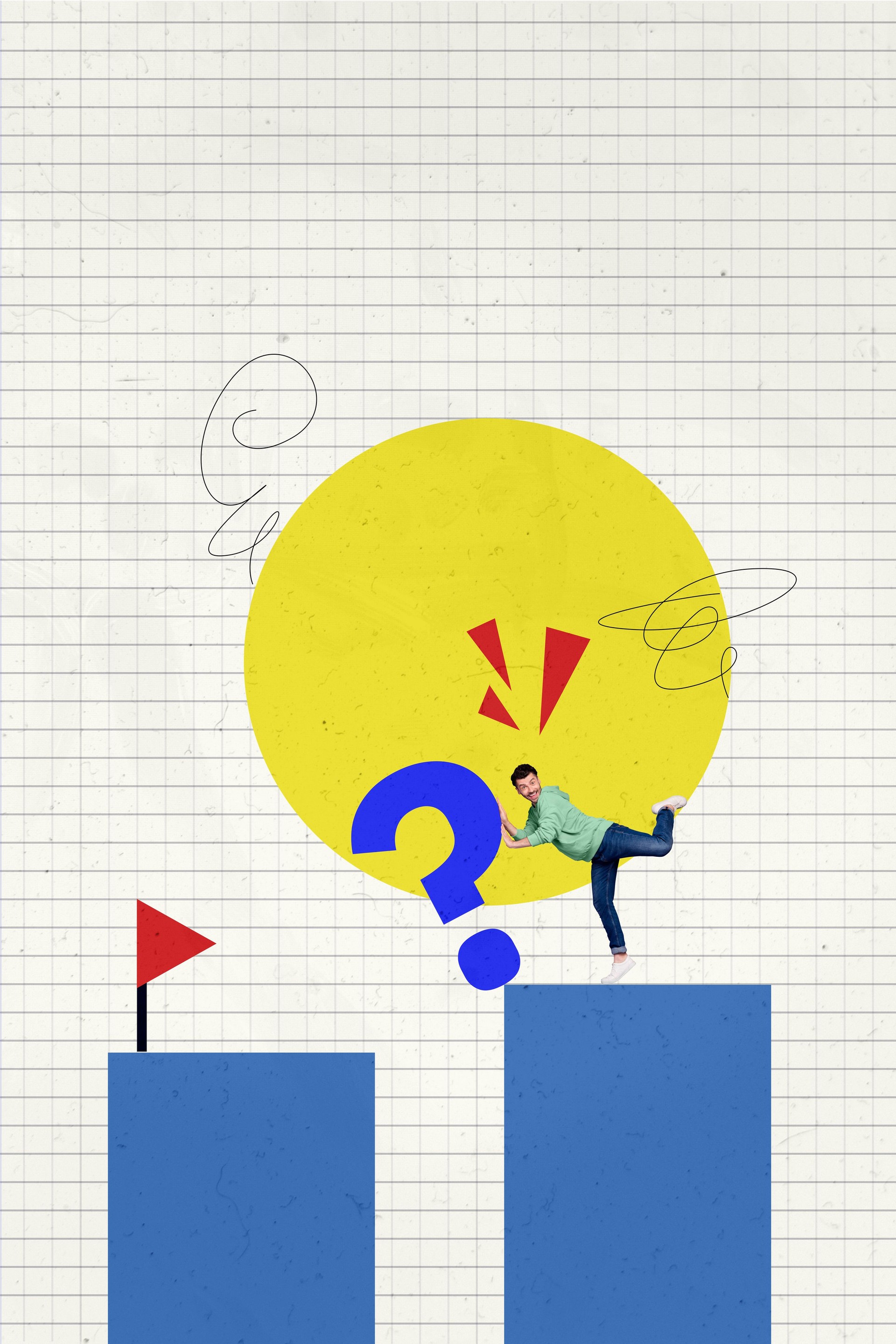 Vertical poster collage young man overcome abyss platforms achieve goal persistence question mark ask finish flag unsure doubts Vertical poster collage young man overcome abyss platforms achieve goal persistence question mark ask finish flag unsure doubts